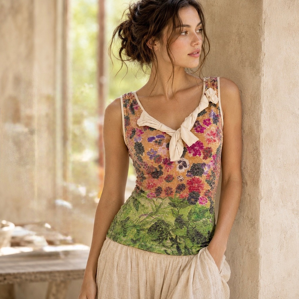 Anthropologie Rebekah Maysles Fairy Floral Burnout Tank Top Bow Neck USA Made Sz